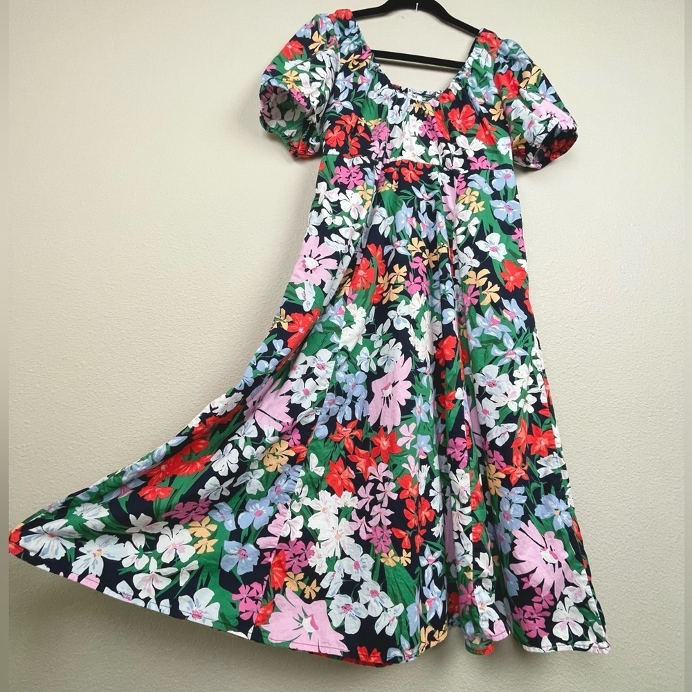 Old Navy Women's Medium Petite Puff Sleeve Midi Swing Dress Floral Multi Bright - Picture 9 of 16